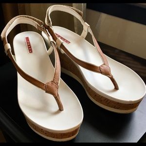 Prada White Leather & Cork Strappy Wedge Sandals Size 38.5/8